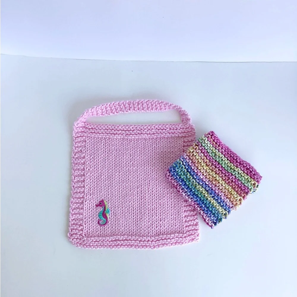 Baby Bib Set Hand Crafted Pink Knit Cotton Seahorse Colorful